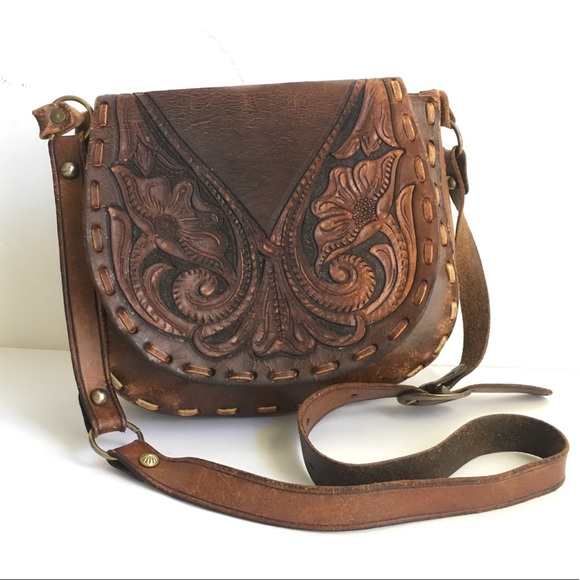 Vintage Handbags - Vintage Hand Tooled Distressed Leather Flap Bag